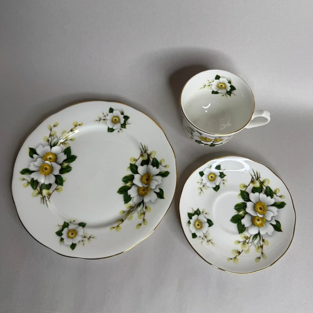 Duchess Bone China England Tea Cup Saucer and Side Plate Trio‎ White Floral Gold